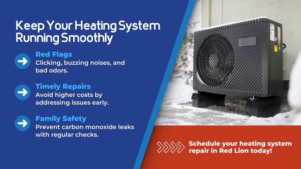 This is an image of a snow covered heat pump. The headline reads; Keep your heating system running smoothy.